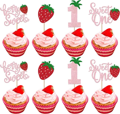 Miniatura 33 de Paquete de 24 adornos para cupcakes Sweet One con purpurina para primer cumpleaños, fresa, cupcakes, para frutas, baby shower, primer cumpleaños
