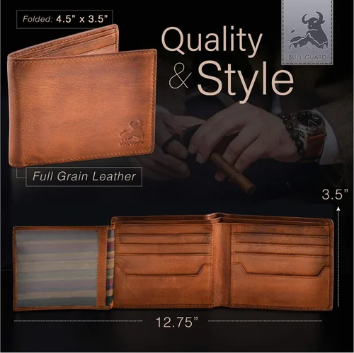 Miniatura 5 de Carteras plegables con bloqueo RFID para hombres con 2 ventanas de identificación cartera de cuero de grano completo de gran capacidad Marrón Rustic