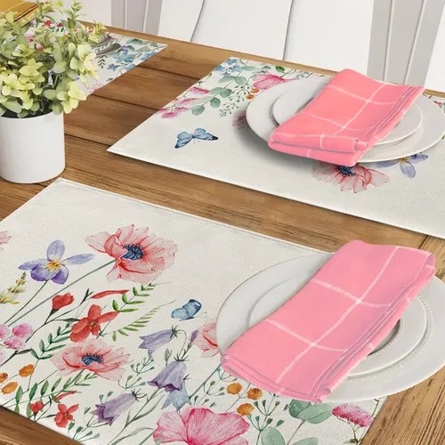 Miniatura 6 de Seliem Juego de 4 manteles individuales de flores de anémona de primavera, acuarela, rosa, floral, mariposa, comedor, decoración del hogar, cocina