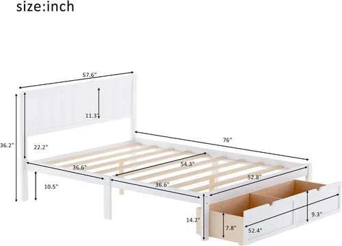 Miniatura 2 de P PURLOVE Base de cama de tamaño matrimonial con cajones de almacenamiento, plataforma de madera con cabecero para niños, color blanco