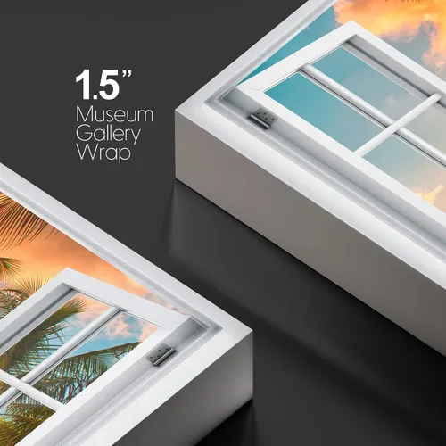 Miniatura 4 de wall26 - Cuadro en lienzo para pared, vista de ventana, atardecer neón, cielo, palmera tropical, playa, naturaleza, desierto, fotografía, realismo