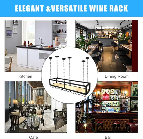 Miniatura 7 de Estante de techo para copas de vino, estante colgante para vino con soporte para vidrio y estante, soporte para botellas de vino colgante industrial