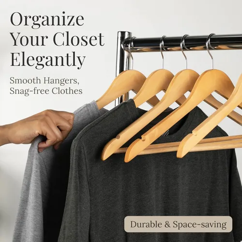 Miniatura 3 de Perchas de madera para ropa, paquete de 10 perchas de madera natural, ranuras y muescas antideslizantes para los hombros, gancho cromado giratorio
