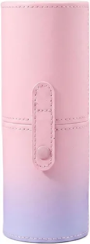 VASANA Organizador de brochas de maquillaje de piel sintética rosa con tapa, herramientas de maquillaje portátiles, estuche organizador de gran
