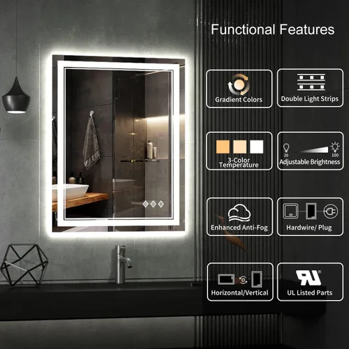 Miniatura 2 de LED Bathroom Mirror, 24x32 Inch Gradient Front and Backlit Vanity Mirror with Lights, 3 Colors Dimmable CRI>90 Double Lights, IP54 Enhanced
