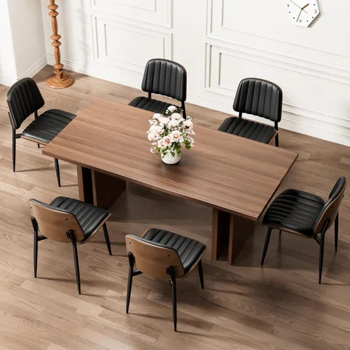 Miniatura 59 de REONEY - Juego de 4 sillas de comedor, modernas de mediados de siglo, tapizadas en piel sintética PU con respaldo de madera curvada de nogal y patas