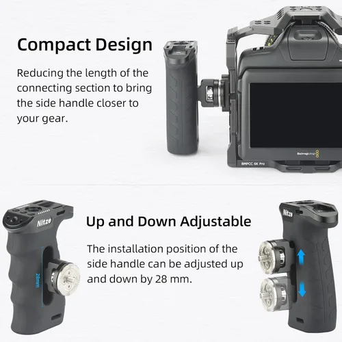 Miniatura 6 de Nitze Mango lateral ergonómico con roseta para ARRI, arriba/abajo e izquierda/derecha ajustable, mango lateral de aluminio de goma para cámaras
