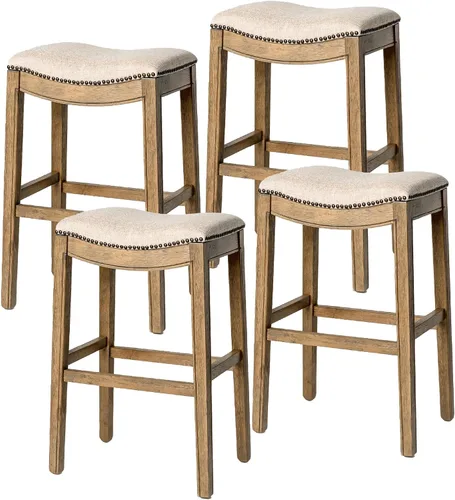 Miniatura 37 de Maven Lane Adrien Taburete de bar sin espalda, asiento de silla de montar de 31 pulgadas con reposapiés, marco de madera maciza gris y tapicería