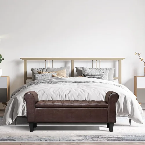 Miniatura 7 de ECOTOUGE Banco de almacenamiento armado, reposapiés tapizado de cuero con tapa con bisagras para el extremo de la cama del dormitorio, modelo Marrón
