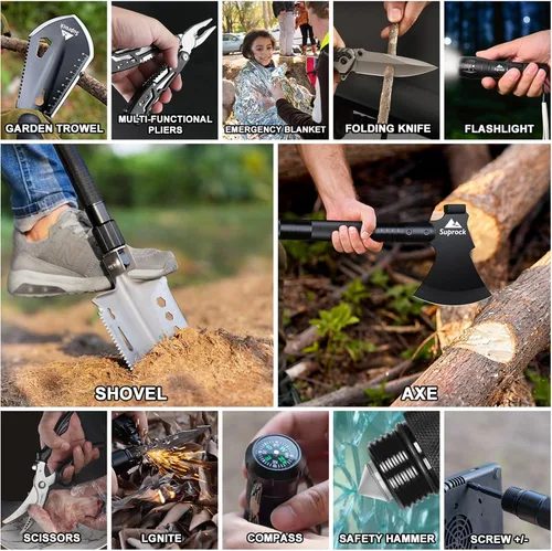 Miniatura 3 de Pala de supervivencia de acero de alto carbono, pala táctica plegable con hacha, herramienta de excavación para camping y senderismo, bolsa de Negro