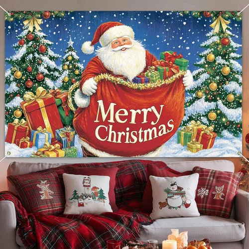Miniatura 5 de HOMETITUTE Cartel de Feliz Navidad de Papá Noel de 71 x 43 pulgadas, telón de fondo navideño con bolsa de regalo y árbol de Navidad para interiores