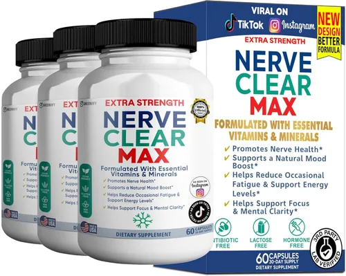 Miniatura 6 de Nerve Clear Max Extra Strength, vitaminas y minerales esenciales, apoyo para la salud nerviosa, 60 cápsulas, suministro para 30 días (1)