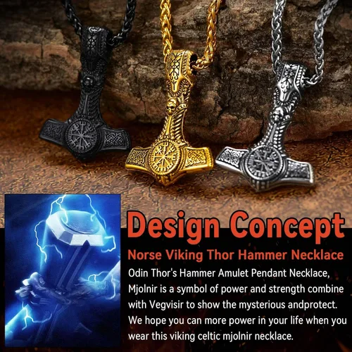 Miniatura 8 de FaithHeart Collar de martillo de Thor vikingo, acero inoxidable, plata de ley, amuleto Vegvisir Mjolnir con cadena de trigo resistente, Acero