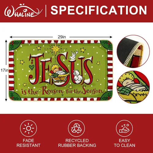 Miniatura 3 de Whaline Tapete de Navidad rojo y verde, tapete antideslizante para puerta delantera, tapete decorativo de Navidad para interiores, exteriores