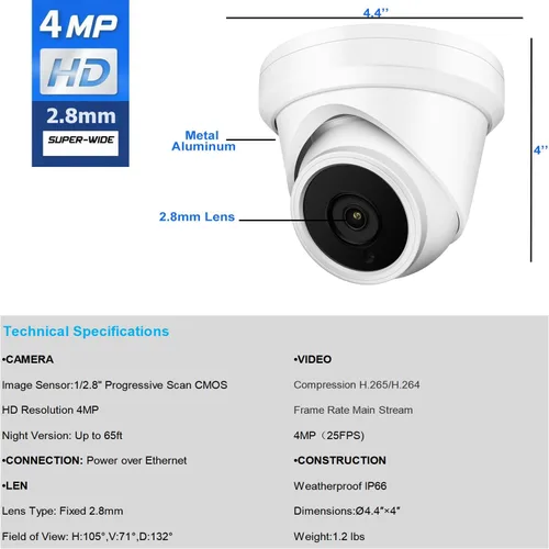 Miniatura 4 de Cámara domo de torreta IP PoE de 4 MP, gran angular de 0.110 in, H.265, cámara de seguridad CCTV resistente al agua IP66, cumple con la NDAA