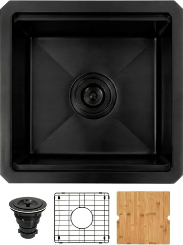 Fregadero de barra negro para montaje inferior, estación de trabajo de acero inoxidable calibre 16 con reborde y accesorios, fregaderos de cocina