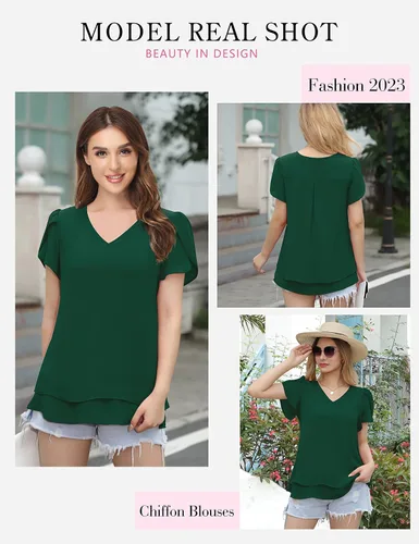 Miniatura 5 de Furnex Blusas de manga corta con cuello en V para mujer, diseño de pétalos de doble capa, túnica de gasa