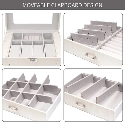 Miniatura 4 de FEIYAN Joyero para mujer de 5 capas de cuero organizador de joyas con cajonesespejo caja de joyería blanca grande para collares anillos aretes