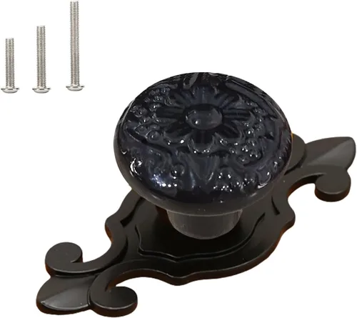 HUAMULAN Paquete de 10 pomos de cerámica retro vintage para aparador, cocina, pétalos, tiradores de armario, cajón, base negra, placa trasera