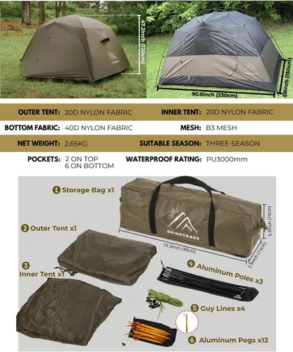 Miniatura 5 de Camping Tent 2 Person,Ultra Large Capacity, Lightweight 3 Season Backpacking Tent 2 Person, 20D Nylon/Taffeta PU3000mm, Free Standing, Ideal for