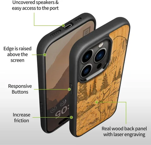 Miniatura 9 de Carveit Funda magnética de madera para iPhone 14 Pro, madera natural y TPU suave negro, funda protectora a prueba de golpes, funda de madera única