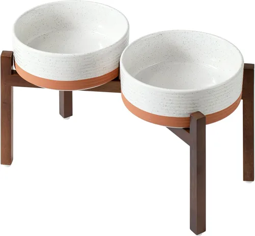Miniatura 15 de Havniva Cuenco elevado de cerámica para perros de 6.1 pulgadas con soporte antideslizante (madera de acacia), dos opciones de altura, cuenco