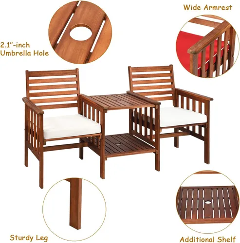 Miniatura 8 de Tangkula Sofá biplaza de madera de acacia, juego de 3 sillas de mesa para exteriores, juego de conversación de patio con mesa auxiliar y cojines