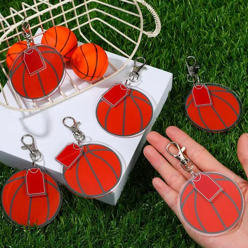 Miniatura 4 de 12 juegos de llaveros acrílicos de baloncesto en blanco, kit de bricolaje con tema de baloncesto a granel de 1.6 x 0.8 pulgadas, llavero acrílico