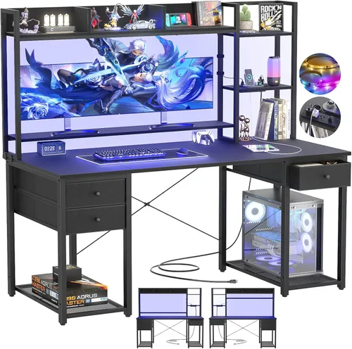 Miniatura 10 de Aheaplus Escritorio LED para Gaming con Hutch, 47.2'' Estación de Trabajo para Computadora, Negro