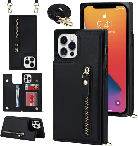 Miniatura 48 de Funda cruzada para teléfono iPhone 13 Pro Max de cuero con tarjetero, funda protectora extraíble, correa de cuero ajustable con botón, compatible