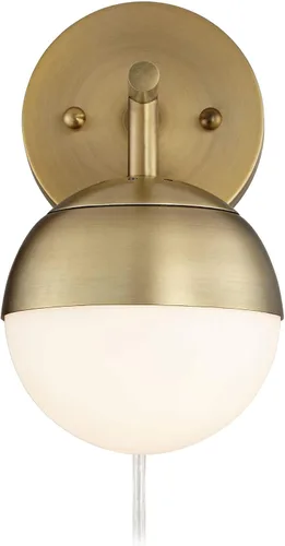 Miniatura 7 de 360 Lighting Luna - Lámpara de pared moderna de mediados de siglo para interiores, lámpara enchufable de latón antiguo, pantalla de globo de vidrio