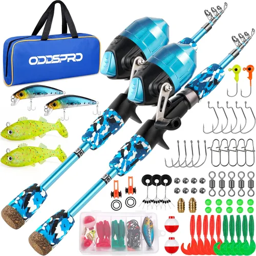 Miniatura 11 de ODDSPRO Caña de pescar para niños, color rosa, kit combinado de caña de pescar telescópica portátil y carrete - con caja de aparejos de pesca