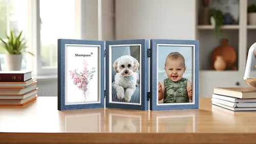 Miniatura 4 de Trifold Picture Frame 5x7 Blue Photo Collage Frame Hinged Triple Foldable Frame Blue for Tabletop Desk Display Gift for Mother, Friend