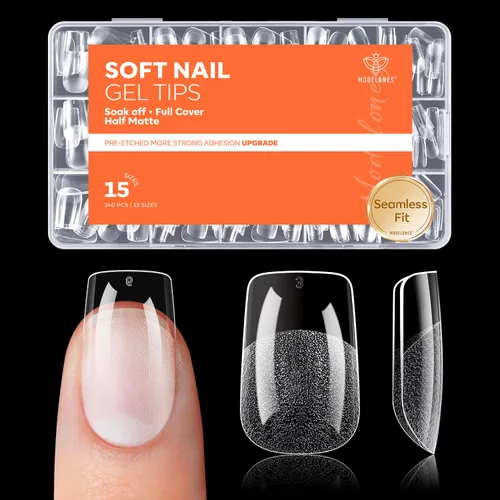 Miniatura 15 de Modelones 240 puntas de uñas de gel de almendra, uñas de gel suave de cobertura completa de grano 40 pregrabadas, medio mate, 15 tamaños, puntas