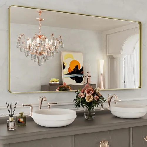 Miniatura 9 de WEER - Espejo de baño dorado, espejo de 40x32 pulgadas con marco de metal dorado cepillado, espejo de tocador de baño de oro para pared