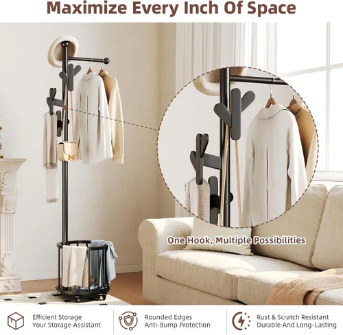 Miniatura 4 de CozyDH Perchero de madera con soporte para paraguas y ruedas, perchero independiente con múltiples ganchos, resistente para entrada, dormitorio