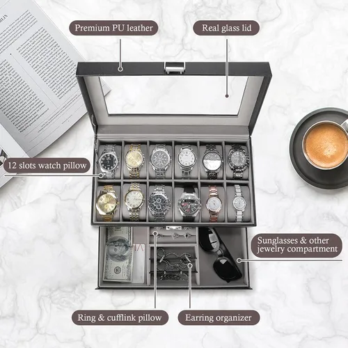 Miniatura 4 de ProCase Paquete organizador de caja de reloj de 12 ranuras con funda de reloj de viaje