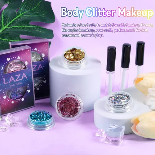 Miniatura 6 de Laza Purpurina corporal, 2 tarros de lentejuelas gruesas holográficas con pegamento de purpurina, perfecto para mujeres, sombra de ojos, maquillaje