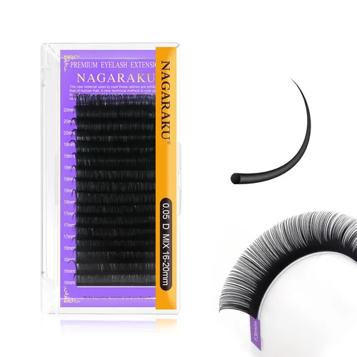 Miniatura 272 de NAGARAKU Extensiones de pestañas, pestañas individuales, 0.05mm, rizo D, 15mm, clásico, negro mate, suave, natural, profesional, 16 filas, 0.05-D