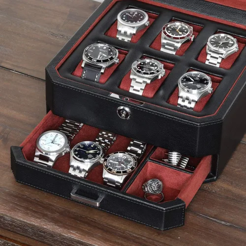 Miniatura 5 de ROTHWELL Caja de reloj de cuero con 6 ranuras y cajón de valet, organizador de exhibición de lujo para relojes, forro de microgamuza, soporte
