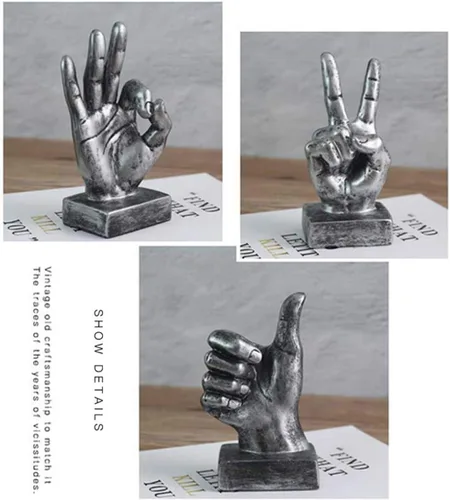 Miniatura 5 de Lependor Estatuas de escritorio de gestos de mano de poliresina plateada, decoración de escultura de dedo, dedos de plata de la victoria Dedos