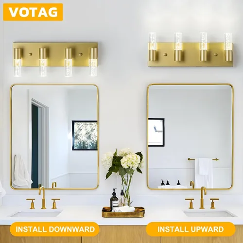 Miniatura 4 de Lámparas de tocador de baño sobre espejo con acabado dorado cepillado, 4 luces de tocador, apliques de pared para baño