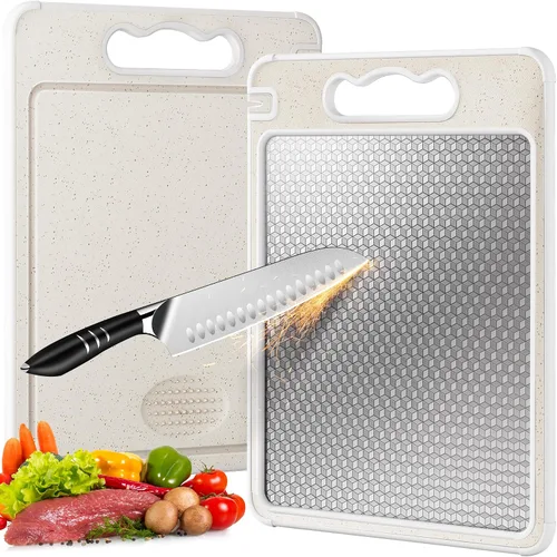 Miniatura 9 de LOZOVIN Tabla de cortar de paja de titanio y trigo GR1 de doble cara, tabla de cortar de 15 x 10 pulgadas para cocina, tabla de cortar no tóxica Gris