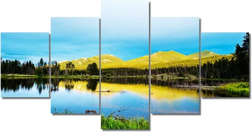 Miniatura 48 de TUMOVO Lienzo decorativo para pared de sala de estar, 5 paneles de naturaleza, Alaska, Estados Unidos, autopista alrededor de montañas, paisaje