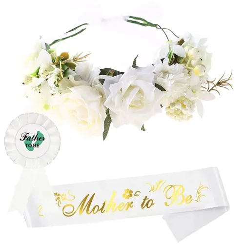 Miniatura 8 de Decoración de baby shower para niñas, tiara ajustable de corona de flores y banda de princesa creciendo, pin de papá, regalos de fiesta rosa