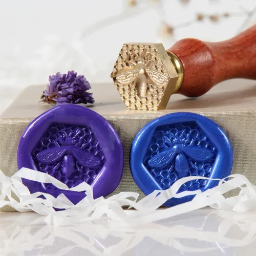 Miniatura 2 de Sello de cera de abeja, sello de abeja en relieve 3D de 0.984 in/0.95 pulgadas, cabeza de sello de latón con mango de madera retro, perfecto sello