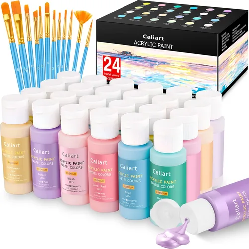 Miniatura 13 de Caliart Juego de pintura acrílica de 24 colores, botellas grandes de 4 onzas / 4.1 fl oz con 12 pinceles, kit de pintura artesanal para adultos