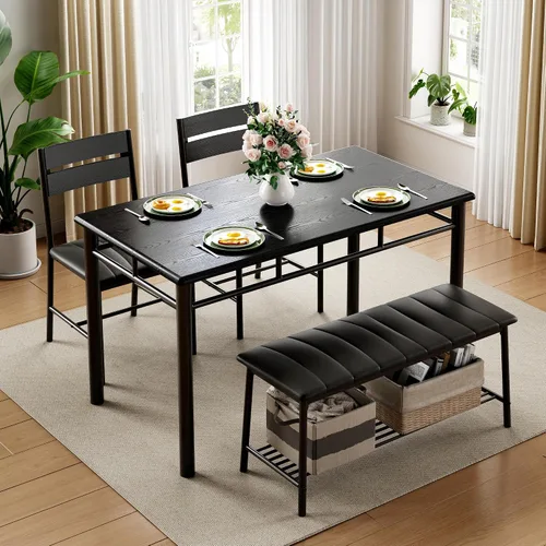 Miniatura 3 de IRONCK Juego de mesa de comedor para 4, mesa de cocina con banco tapizado y 2 sillas, juego de mesa de cocina y sillas para espacio pequeño, Negro