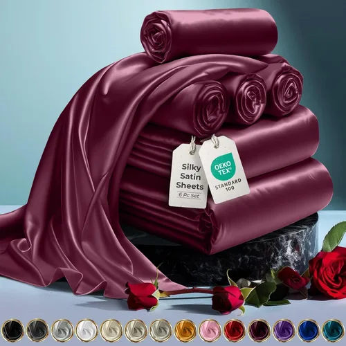 Miniatura 26 de DECOLURE Sábanas de satén para cama - Juego de 6 piezas de ropa de cama de lujo sedosa tamaño King - Más suave que la seda, sin arrugas con sábana