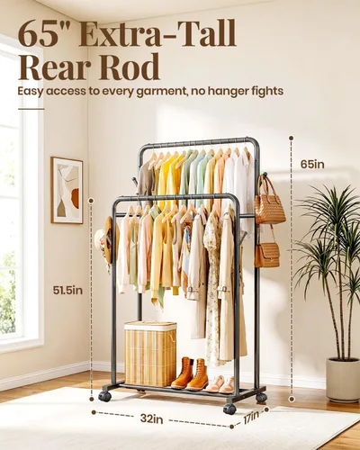 Miniatura 2 de Delamu Perchero de doble barra para colgar ropa con ruedas rodantes, ganchos, perchero de metal, perchero portátil con estantes para dormitorio